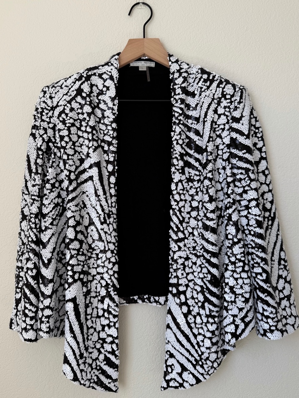 Alberto Makali Black & White Open Front Sequin Patterned Jacket Size L